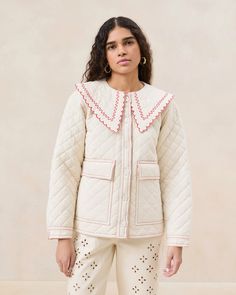 Shop the James Natural/Poppy Workwear Jacket at Loefflerrandall.com Cool Silhouettes, Scalloped Collar, Poppy Color, Quilted Patchwork, Plaid And Leopard, Coat Trends, Embroidered Pants, Poppy Red, White Turtleneck