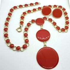 Mod Red Enamel Circles Gold Tone Statement Necklace Earrings Set Germany #Unbranded Retro Collectible Enamel Jewelry, Red Enamel Round Necklace, Vintage Enamel Jewelry With Matching Earrings, Vintage Red Round Pendant Jewelry, Formal Red Enamel Necklaces, Vintage Enamel Round Pendant Jewelry, Red Enamel Collectible Jewelry, Formal Red Enamel Necklace, Formal Enamel Necklace