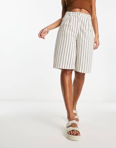 Reclaimed Vintage mensy shorts in linen stripe | ASOS White Linen Knee-length Bottoms, White Knee-length Linen Bottoms, Striped Linen Shorts For Summer, Striped Linen Summer Shorts, Relaxed Fit Shorts With Vertical Stripes, Relaxed Fit Vertical Stripes Shorts, Relaxed Fit Bottoms With Vertical Stripes For Summer, Relaxed Fit Striped Shorts For Spring, Spring Striped Relaxed Fit Shorts