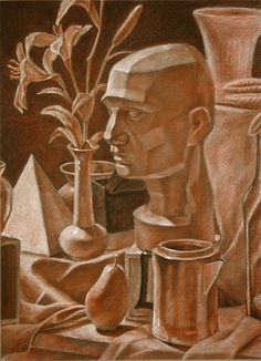 a drawing of a man next to a vase with flowers and other items in it