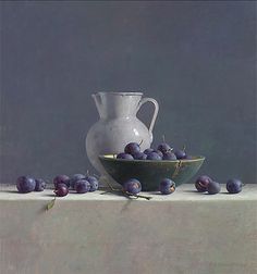 a painting of grapes in a bowl next to a pitcher