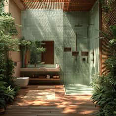 an outdoor bathroom with green tile walls and wooden flooring, surrounded by greenery