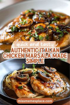 chicken marsala made with mushrooms and sauce in a skillet