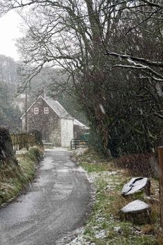 a snow covered country road in the middle of winter