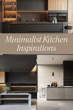 the interior of a modern kitchen with black cabinets