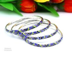 "Amazing handmade 925 sterling silver meenakari bangle bracelet for girls women's tribal belly dance jewelry from Rajasthan India. Metal-925 Sterling silver. Brand-Traditional-jewellery Weight-42 Grams Quantity- Pair Width-5 mm Inner diameter-5.6 cm approx. size-2-4 or 2.25\" Marking-925 makes excellent gifting and collectible pieces." Antique Style Jewelry, Belly Dance Jewelry, Traditional Jewellery, Dance Jewelry, Ball Chain Necklace, Sterling Silver Bangle, Stylish Bracelet, Unisex Bracelets, Rajasthan India