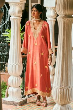 Shop for these amazing collections of Orange Matka Silk Hand Embroidery Kashmiri V Neck Sijh Kaftan For Women by The Whole Nine Yards online at Aza Fashions. Orange Kaftan, Lotus Motifs, Kaftan For Women, Embroidered Kaftan, Deep Neckline, Full Sleeves, Aza Fashion, Model Height, Full Sleeve