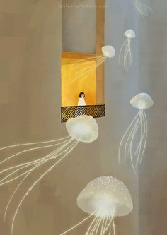 a painting of jellyfish floating in the air with a person looking out from behind them