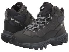 Merrell Thermo Chill Mid Waterproof - Women's Shoes : Black : Walk carefree outdoors by wearing Merrell Thermo Chill Mid Waterproof footbed. The shoes have waterproof, polyurethane-coated leather and mesh uppers. 200 g lightweight, low-bulk insulation offers warmth and cofort. Bellows tongues keep out debris. Metal hooks and lace closure improves fit. The shoes have protective rubber rands and toe caps. A Kinetic Fit Base removable contoured insoles provide flexible support. The molded nylon arch shanks and synthetic lining. The shoes have over-the-ankle design. Contains leather from a tannery rated gold by the Leather Working Group (LWG). EVA midsoles for stability and comfort. Rubber outsole. Imported. Black Mid-top Sporty Hiking Boots, Mid-top Black Hiking Boots, Black Waterproof Mid-top Hiking Boots, Mid-top Hiking Boots With Rubber Sole, Mid-top Hiking Boots With Rubber Sole For Outdoor, Merrell Boots, Gold Boots, Merrell Shoes, Waterproof Snow Boots