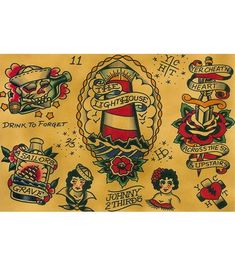 an old school tattoo flash sheet with different designs and tattoos on the back of it