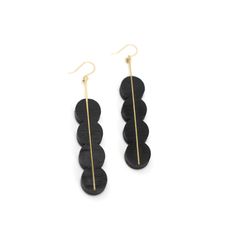 Brass & Wood Earrings - These earrings feature connected, onyx-stained walnut circles with intersecting brass inlays. Hypoallergenic, electroplated, nickel-free brass ear hooks. Modern Brass Drop Earrings, Unique Long Drop Brass Earrings, Artistic Brass Drop Earrings, Black Brass Drop Earrings, Black Artisan Drop Earrings, Brass Wood, Ear Hook, Wood Earrings, Leather Accessories