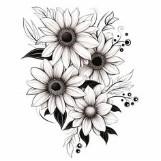 black and white drawing of flowers with leaves