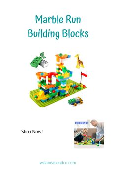 an advertisement for marble run building blocks, with pictures of children playing in the background