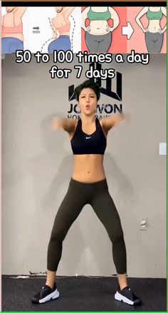 a woman doing squat exercises with the caption saying, 50 to 100 times a day for 7 days