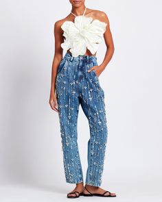 HAND-BEADED FLOWER TOP 2025 Runway, Beaded Jeans, Great Neck New York, Rhinestone Jeans, Top Jeans, Flower Top, Embellished Jeans, Flower Tops, Rhinestone Bead