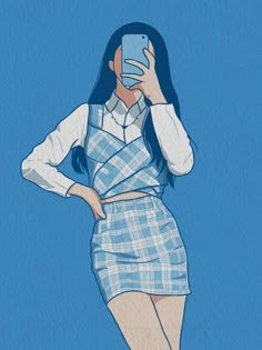 Korean Art Illustration, Profile Picture Mirror Selfie, Aesthetic Profile Picture, Korean Illustration, Picture Mirror, Ootd Korean, Pelo Anime, Aesthetic Profile, Blue Drawings