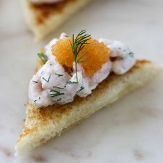 traditional toast skage swedish shrimp toasts on a marble plate with text overlay