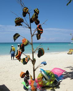 there is a tree on the beach with hats hanging from it