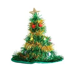 a green christmas tree with gold tinsel and red balls on it's top