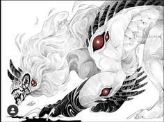 a black and white drawing of a dragon with red eyes