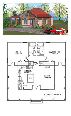 two story house plans with garage and living room in the front, one bedroom on the second