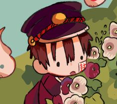 a drawing of a boy with flowers in front of him and an animal behind him