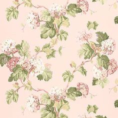 a pink wallpaper with white and green flowers, leaves and berries on it's side