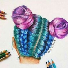 a drawing of two braids in the back of a woman's head with purple and blue hair