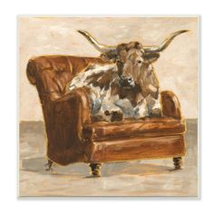 a painting of a cow sitting in a chair