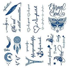 temporary tattoos on the back of a white sheet with blue ink and writing that says,