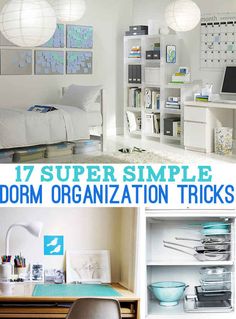 an organized bedroom with white walls and blue accents is featured in the article 17 super simple dorm organization tricks