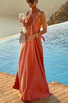 Classy and Fabulous Satin Halter Backless Maxi Dress Halter Neck Maxi Dress, Long Beach Dress, Casual Tie, Long Dress Casual, Backless Maxi Dresses, Straight Dress, Silk Maxi Dress, Classy And Fabulous, Outfits Casual