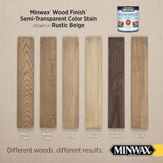 several different types of wood finishes are shown in this ad for minwax furniture