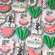 watermelon decorated cookies with one in a melon written on the top and other decorated ones