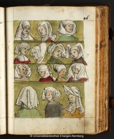 an open book with pictures of women in various headscarves and bonnets on them