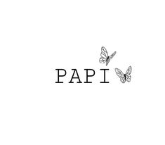 two butterflies flying over the word papi on a white background with black letters and an outline