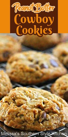 a close up of some cookies on a cooling rack with the words peanut butter cowboy cookies