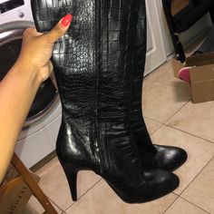 Real Leather! Size 8 Beautiful. Only Worn Once, Practically New Gift, Unsure Of Brand Shoes Heels Boots, Alligator, Real Leather, Shoes Women Heels, Heeled Boots, Black Gray, Black And Grey, Shoes Heels, Women Shoes