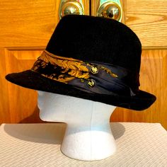 Beautiful Authentic, Black And Gold Rocawear Hat With Satin Ribbon. Circa 2006. Condition: Never Worn. Nwot. 50% Wool. 50% Viscose. Luxury Vintage Fedora Hat, Gold Wide Brim Vintage Hat, Luxury Black Fedora Hat, Vintage Black Hat With Feathers, Black Vintage Hat With Feathers, Black Fedora, Head Wear, Guys And Dolls, Fedora Hat