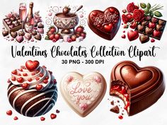 valentine's chocolates celebration clipart with hearts, cake and other sweets on white background