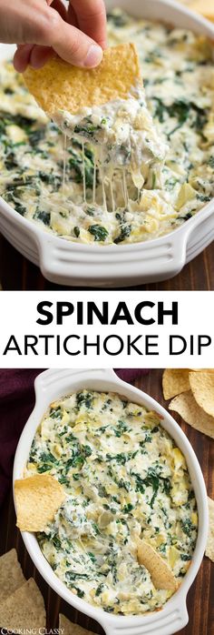 spinach artichoke dip in a white casserole dish with tortilla chips