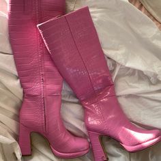 New Boots Pink Croc Style And Round Toe. Clean Sole Proof I Have Not Worn Them Once. Super Cute Just Never Got Around To Wearing Them. Pink Leather Knee-high Heeled Boots, Pink High Heel Boots Medium Width, Pink Knee-high Leather Heeled Boots, Trendy Pink Square Toe Boots, Casual Pink Almond Toe Boots, Chic Pink Almond Toe Boots, Pink Boots With Reinforced Block Heel, Pink Leather Heeled Boots For Winter, Pink Knee-high Leather Boots