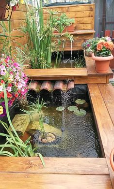 a small pond in the middle of a wooden deck with potted plants on it