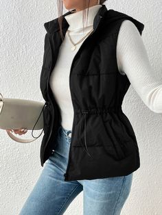 Drawstring Waist Zipper Hooded Vest Puffer Black Casual Coat Black Casual  Sleeveless Fabric Plain vest Non-Stretch  Women Clothing, size features are:Bust: ,Length: ,Sleeve Length: Vest Puffer, Plain Vest, Outerwear Women Winter, Hooded Vest, Casual Vest, Outerwear Vest, Winter Coats Women, Casual Coat, Inspiration Mode