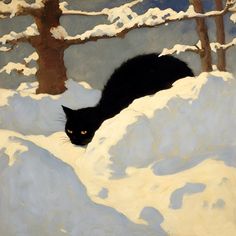 a painting of a black cat in the snow