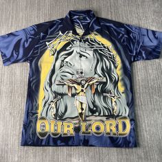 Vintage 2000s C'mon God Jesus Our Savior Big Print Artwork Y2K Aesthetic Streetwear Skater Blue Graphic Button Up Shirt Medium Mens Condition:  Excellent Used Condition  = No Flaws Measurements: Please see photos above for all measurements IF YOU BUY TWO OR MORE ITEMS USE THE CODE BUNDLE @ CHECK TO SAVE 20% WE SHIP WITHIN 24 HOURS AFTER PURCHASE! Please be aware that we do not offer free returns!! The Buyer is responsible for the cost of the return label. Follow us on TikTok & Instagram @findsno Blue Printed Shirt For Streetwear, Blue Collared Shirt For Streetwear, Blue Short Sleeve Camp Shirt For Streetwear, Blue Graphic Print Hawaiian Shirt, Blue Streetwear Shirt With Button Closure, 90s Style Blue Streetwear Shirt, 90s Style Blue Shirt For Streetwear, Blue Button Closure Streetwear Shirt, Blue Button Closure Shirt For Streetwear