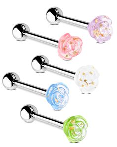 four different colored glass balls and metal barbells