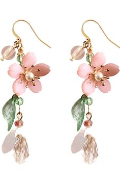 cherry blossom earrings: unique design, exaggerated but not heavy, very spring and summer earrings, very suitable for outings Flower Sakura, Cherry Blossom Earrings, Prom 23, Pjo Dr, Lucite Flowers, Cascading Flowers, Flower Dangle Earrings, Jewelry Hair Accessories, Holiday Earrings