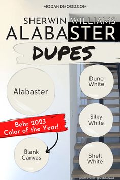 the names of different types of white paint in front of a staircase with black and white lettering