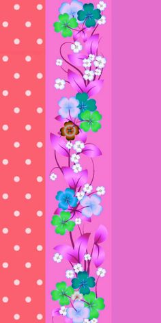 a pink and blue striped background with flowers on the bottom left corner, and polka dots in the middle